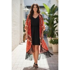 Bohemian Red Floral Kimono Cardigan Fringe Dress Cover Up